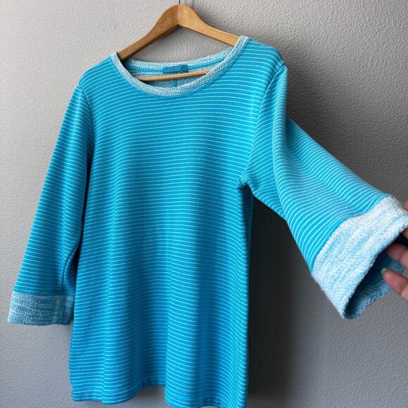 Fresh Produce Women's Pinstripe Sunset French Terry Sweatshirt Blue 3/4 Large - Picture 3 of 8